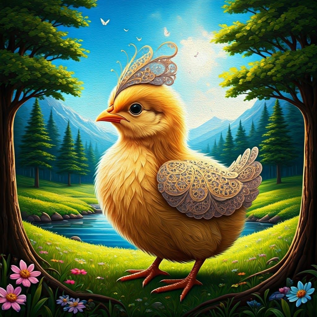 Ethereal Chick Amidst Whimsical Fractal Lace