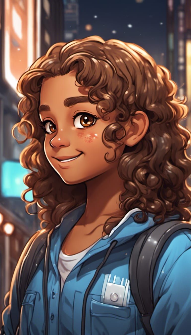 Chibi Line Art Portrait of Smiling Girl