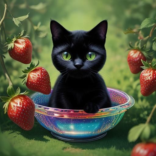 Black Cat Picking Strawberries in Astral Cosmic Style