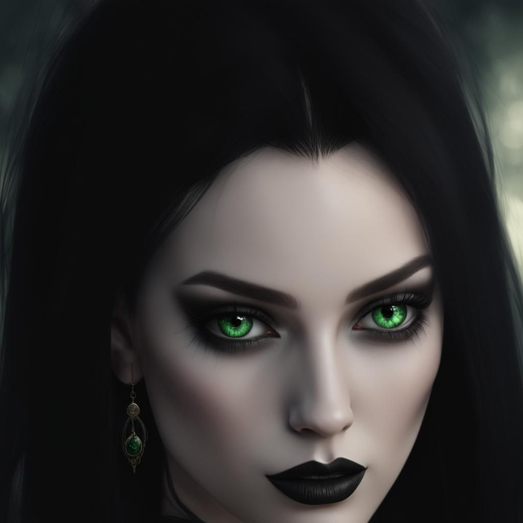 Alluring Gothic beauty young lady with long black hair and green eyes with black eyeshadow with black eyeliner and black...