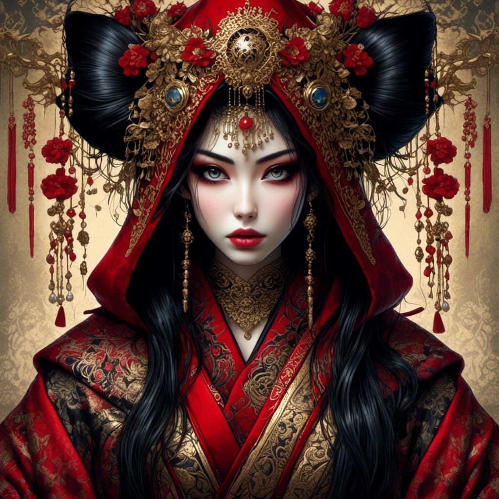 Gothic Geisha in Red Cloak Digital Art