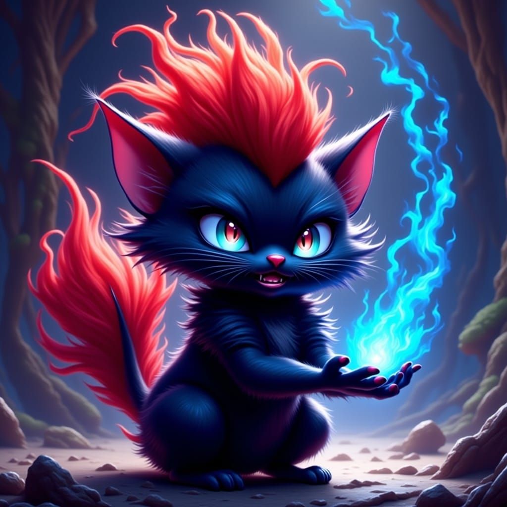 Black Cat with Mohawk Casting Blue Flame Spell