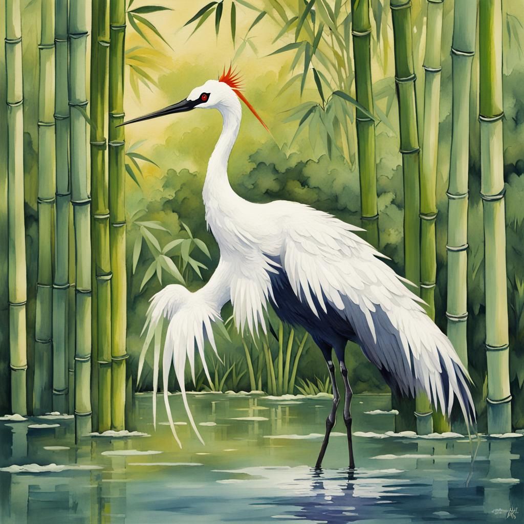 Japanese Crane in Pond: Gouache Watercolor Style