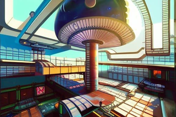 Space Station Atrium in Retrofuturistic Pixel Art