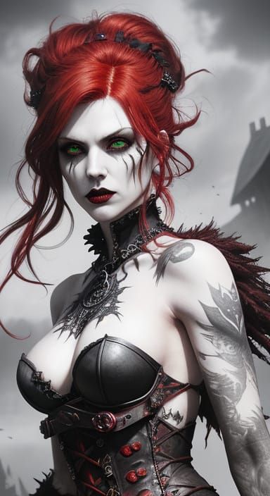 Vampire Huntress in Gothic Steampunk Landscape