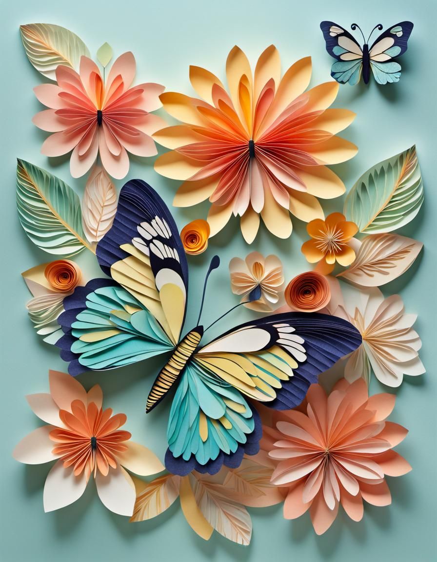 Paper Collage Butterfly on Layered Flower