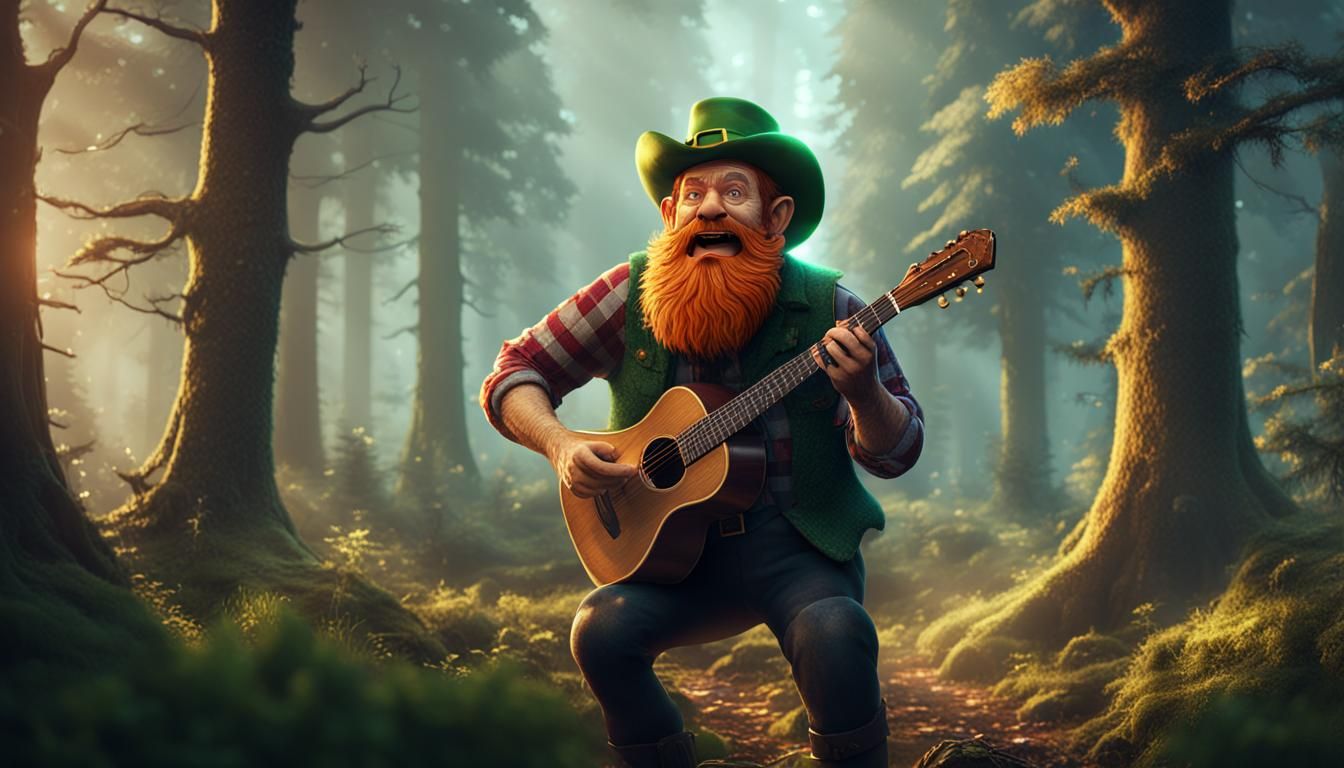 Leprechaun Lumberjack Singing in Forest: Detailed Matte Pain...