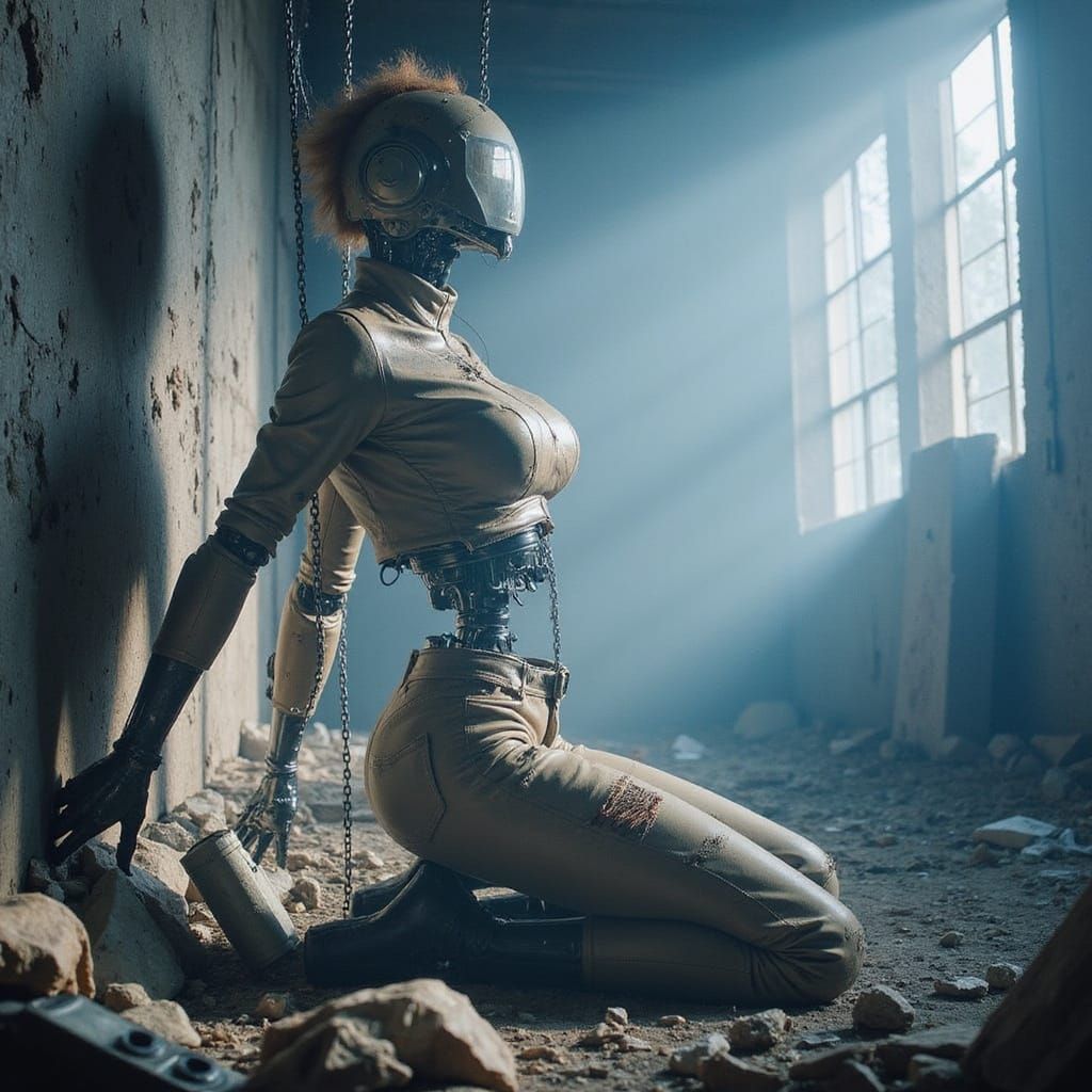 Cyborg Woman Chained to Wall in Sci-Fi Surrealism