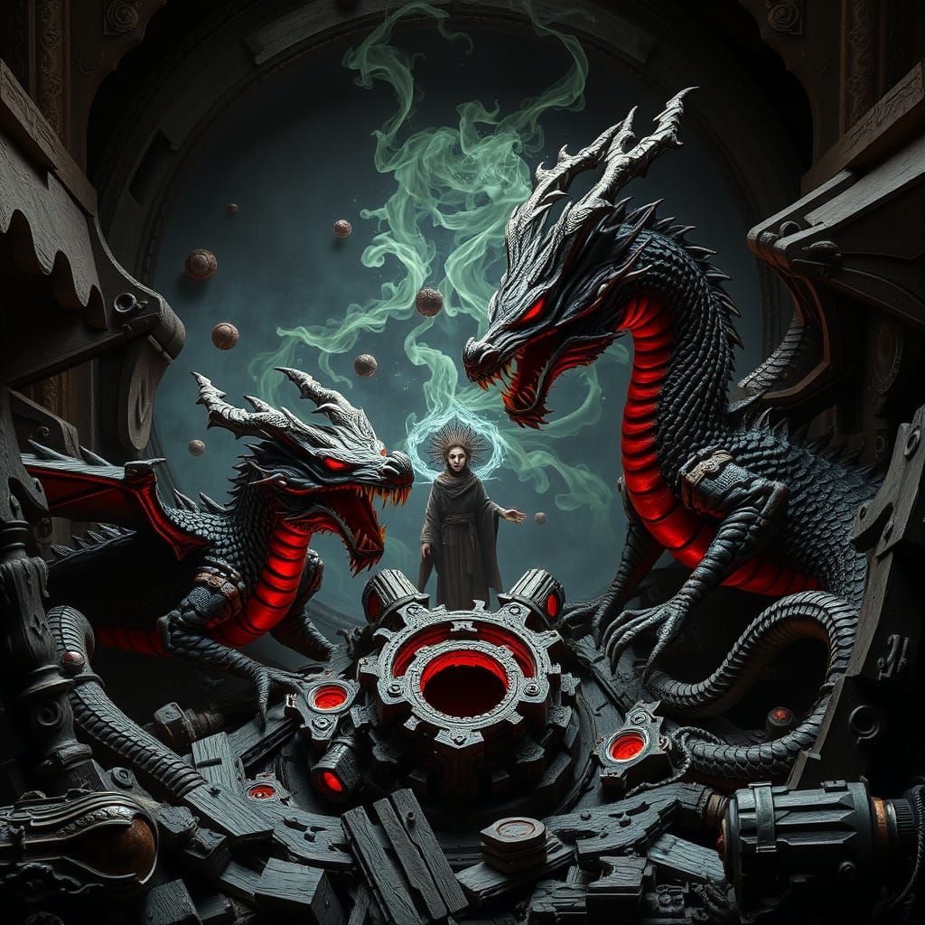 Mystical Dragons Scene with Slime Queen, Eerie Digital Art