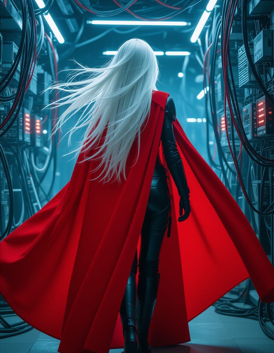 Cybernetic Woman with Red Cape: Cinematic Film Still