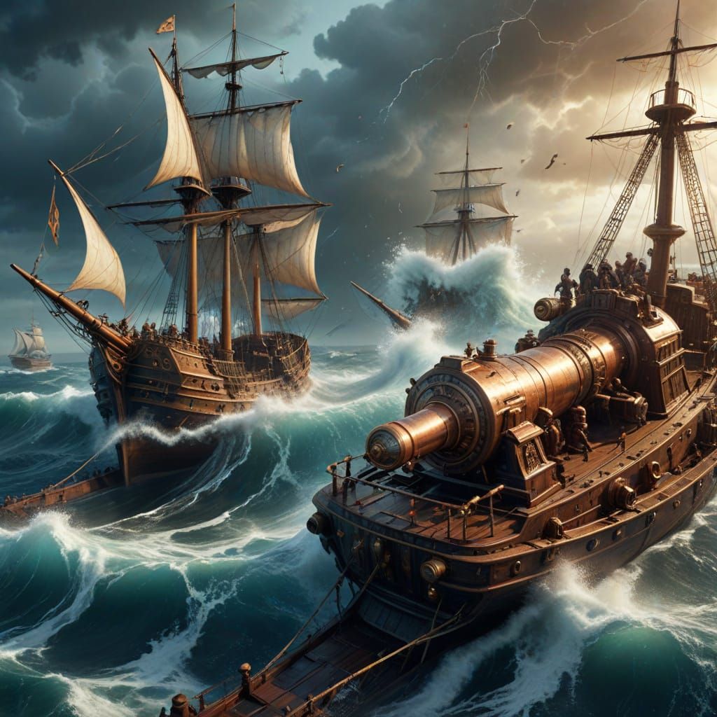 Sailors Battle Futuristic Cannons Amidst 15th Century Stormy...