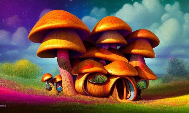 Surreal Wooden House with Psychedelic Mushrooms