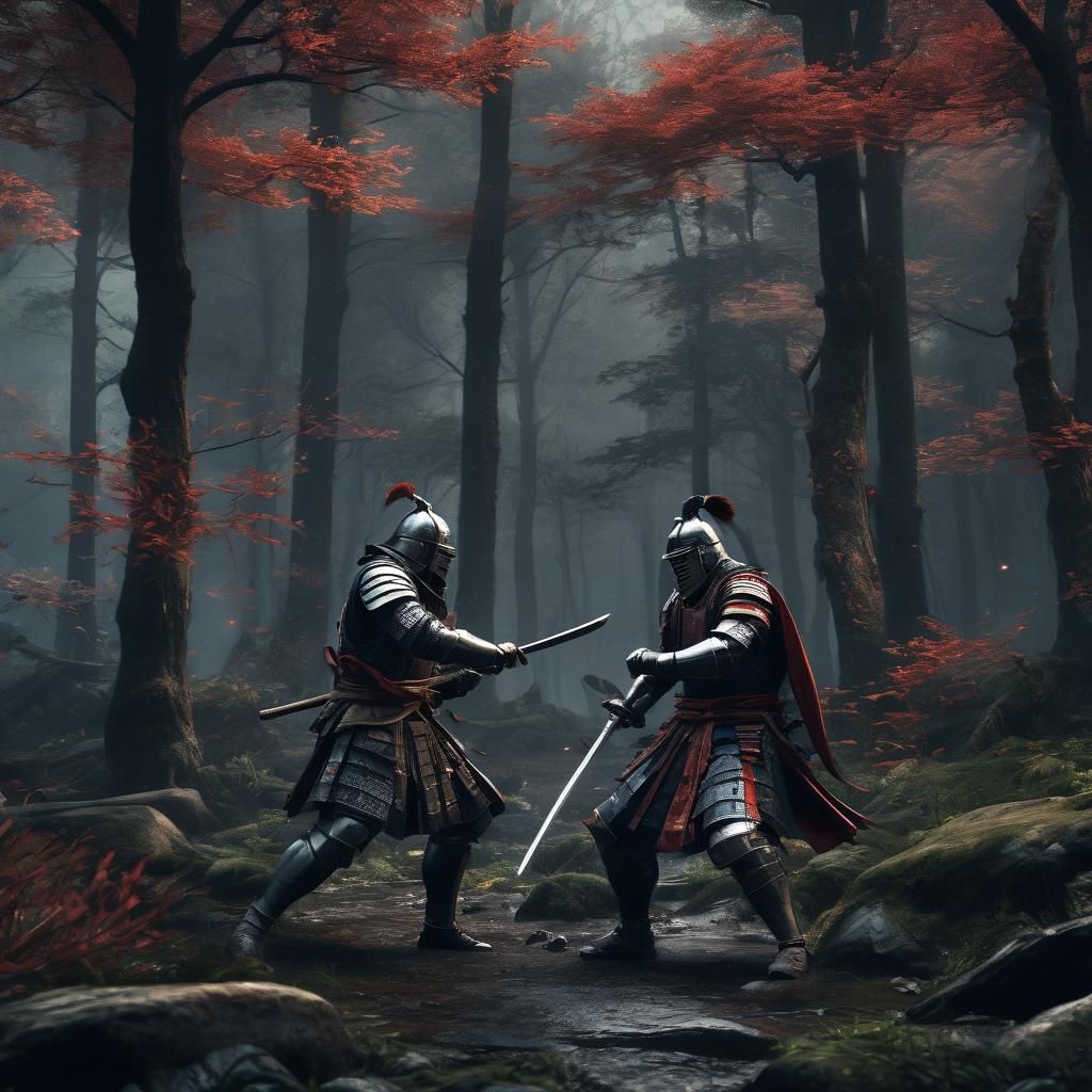 Epic Knight vs Samurai Battle in Dark Forest