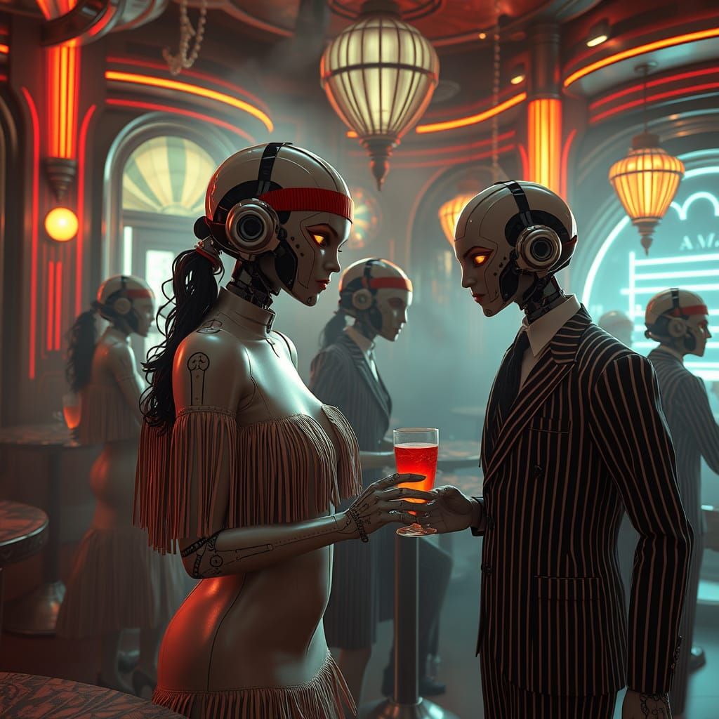 Androids in a Futuristic Speakeasy, Art Deco Style