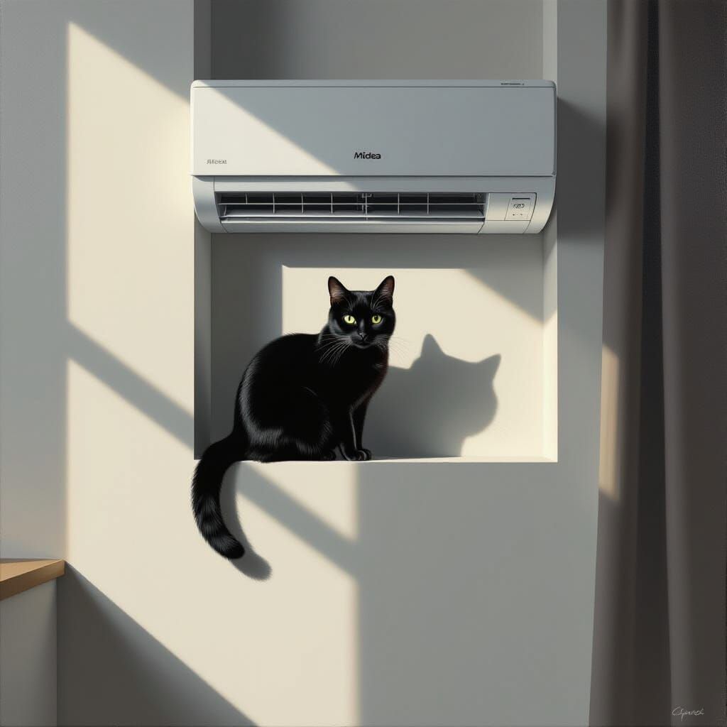 Hidden Black Cat in Shadowed Alcove Above Busy Room