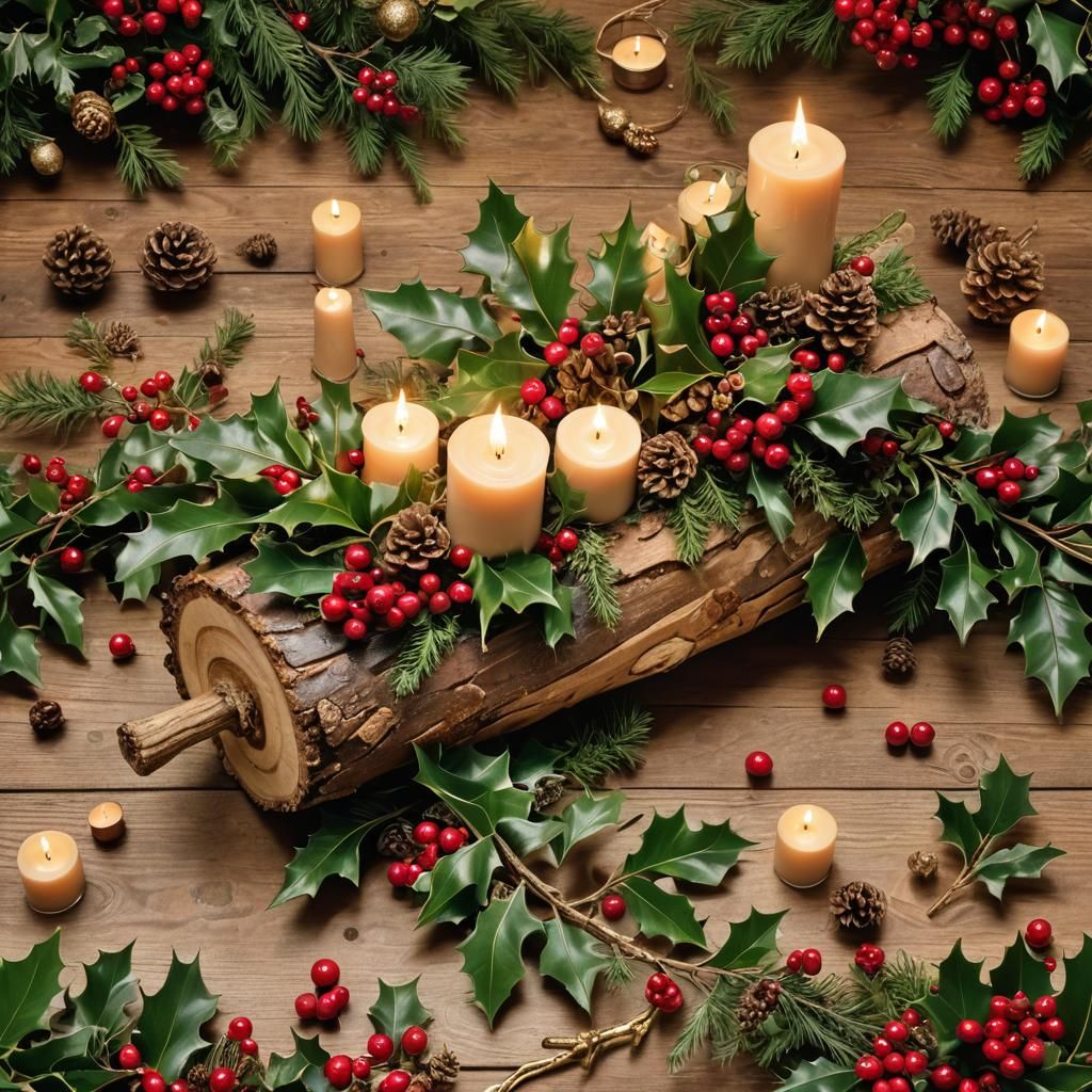 Ornate Christmas Log Still Life with Candles