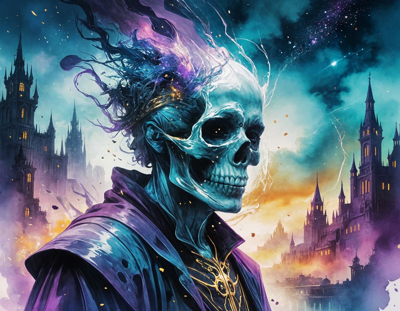 Skull Sorcerer in Mystical Cityscape: Watercolor Splash Art