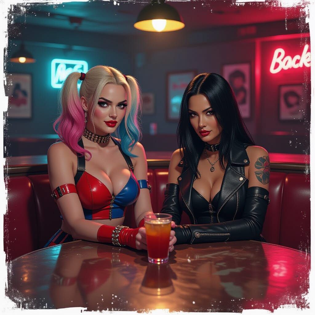 Harley Quinn and Psylocke in Dive Bar, Neon Art