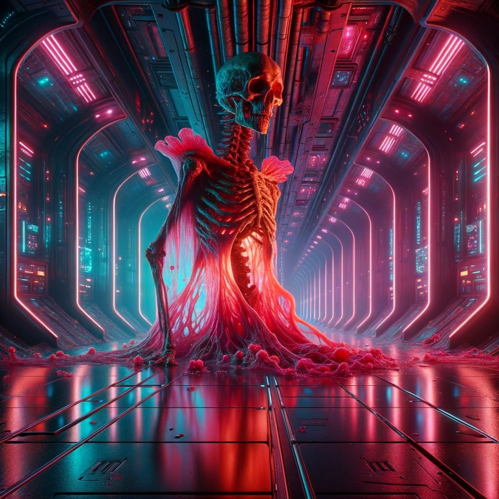 Skeleton Fused with Alien Fungus in Cyberpunk Starship