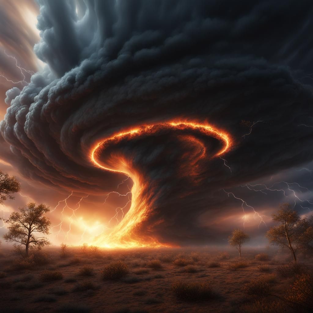 Towering Fire Tornado in Supercell Thunderstorm
