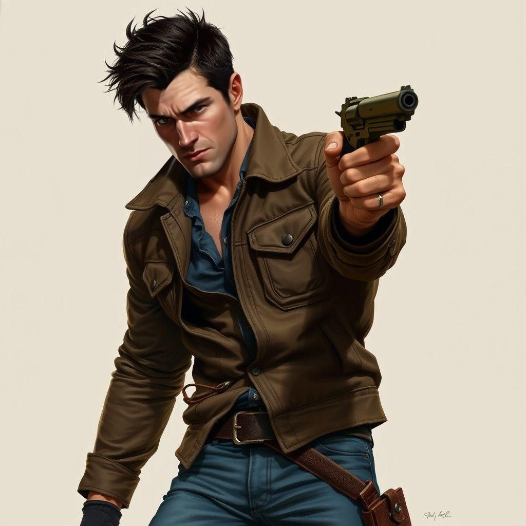 Man in Brown Jacket Holding a Gun