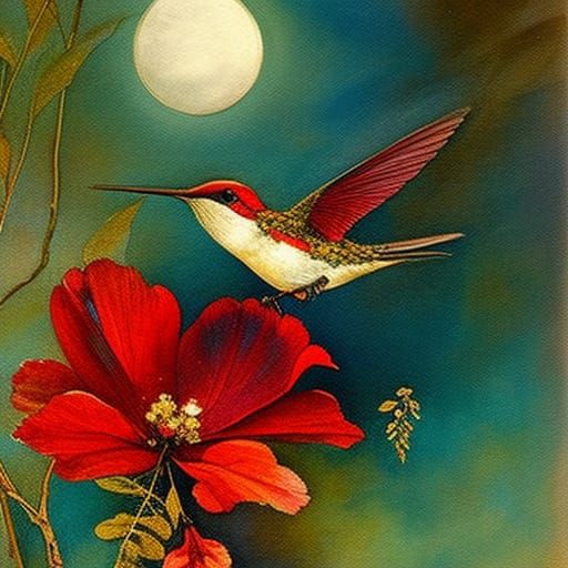 Hummingbird in Iridescent Silk, Art Nouveau Style