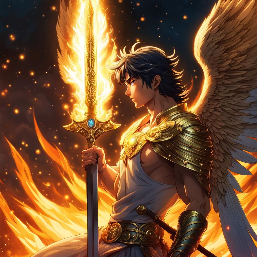 Anime Angel with Flaming Sword in Gold