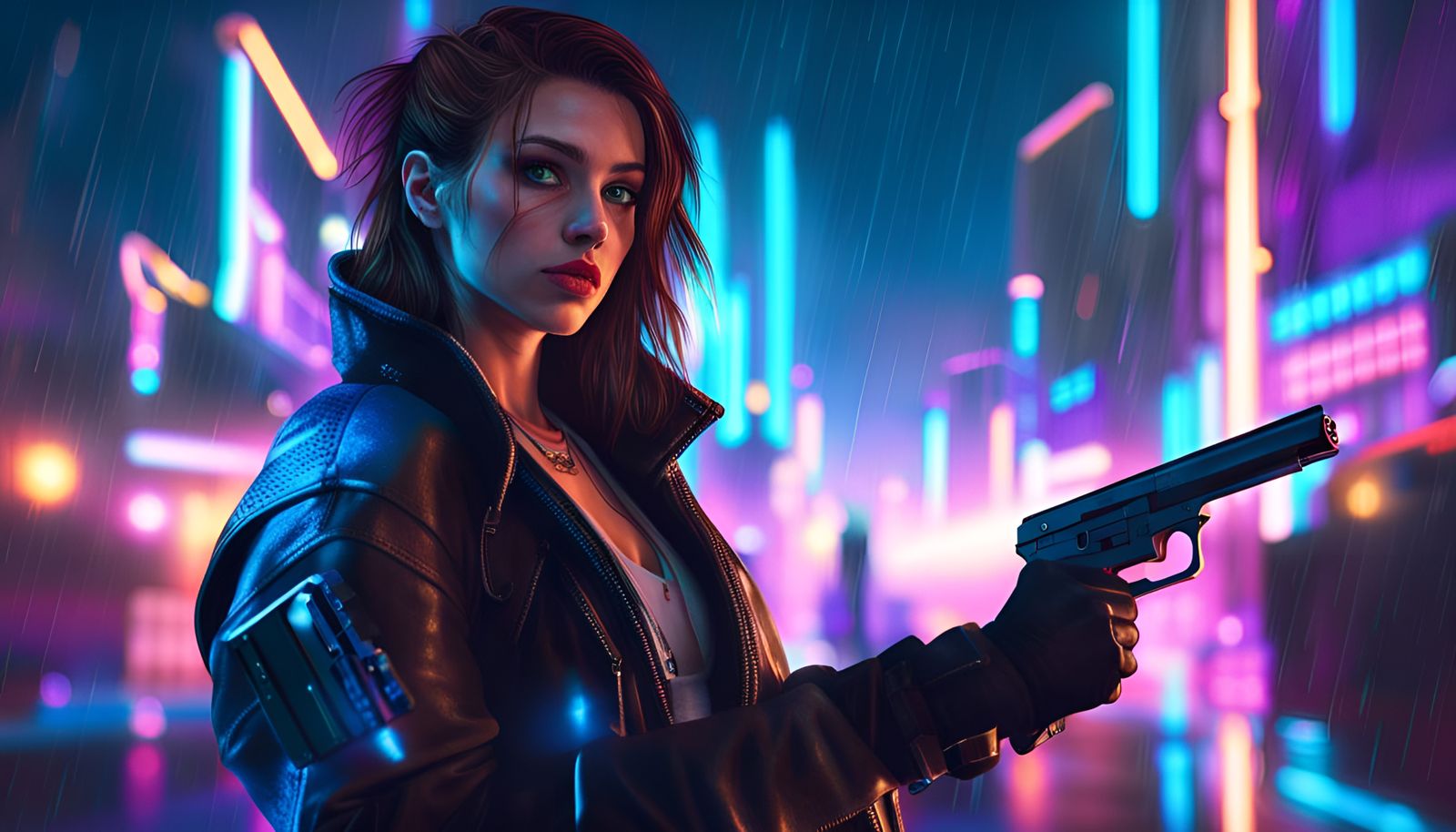 Cyberpunk Girl Portrait in Neon Cityscape