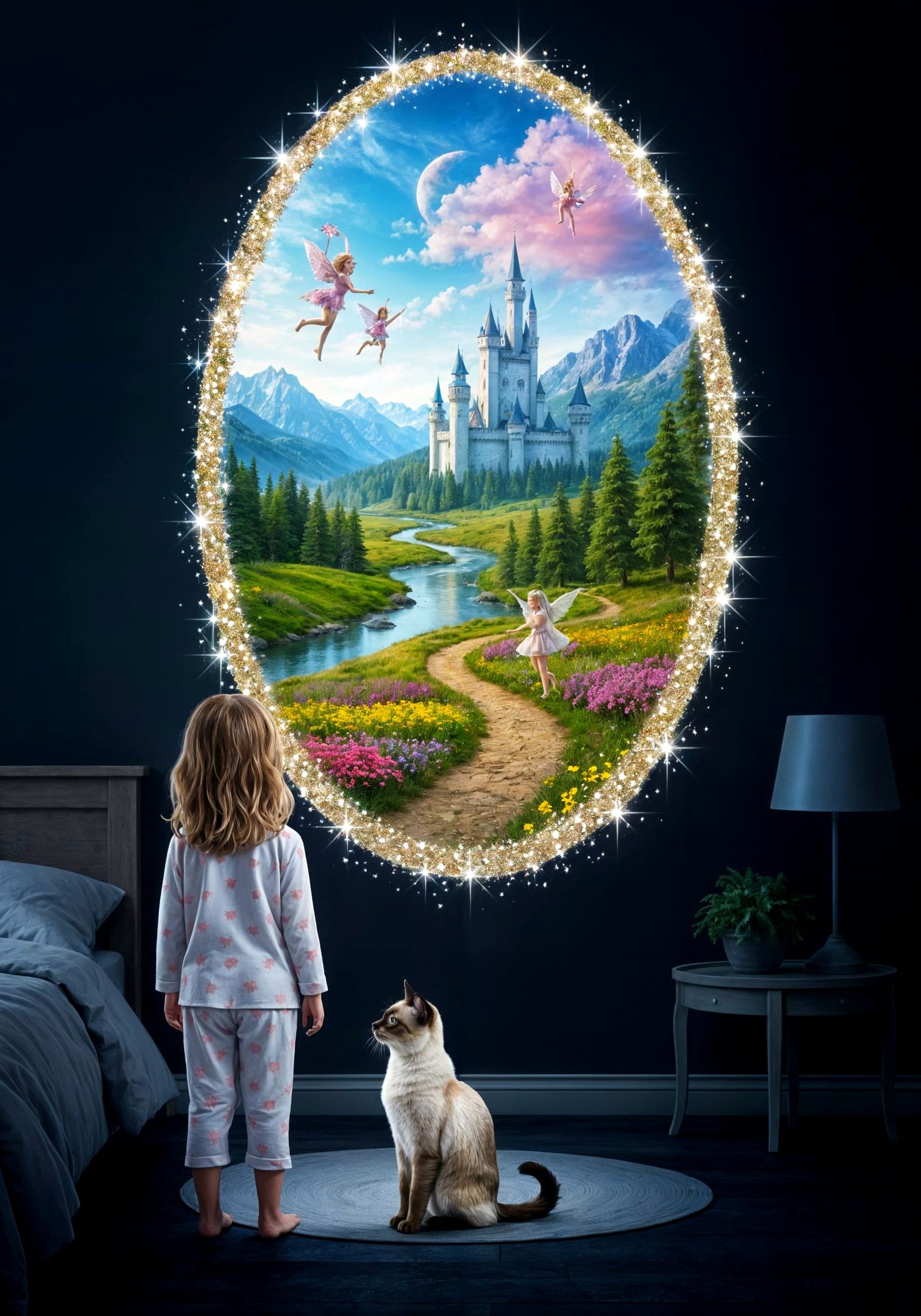 Magical Portal to Wonderland with Girl and Cat
