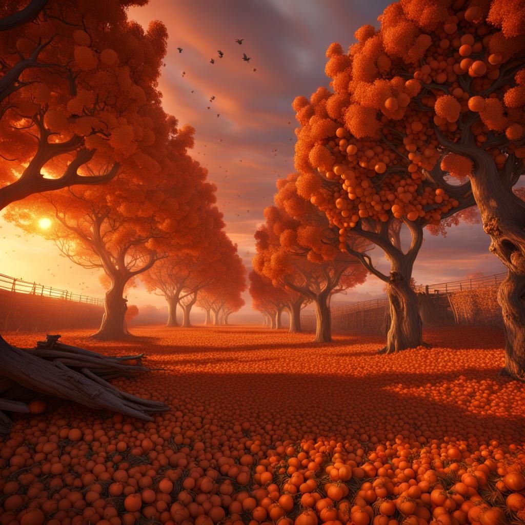 Orange Sunset Over an Orange Grove