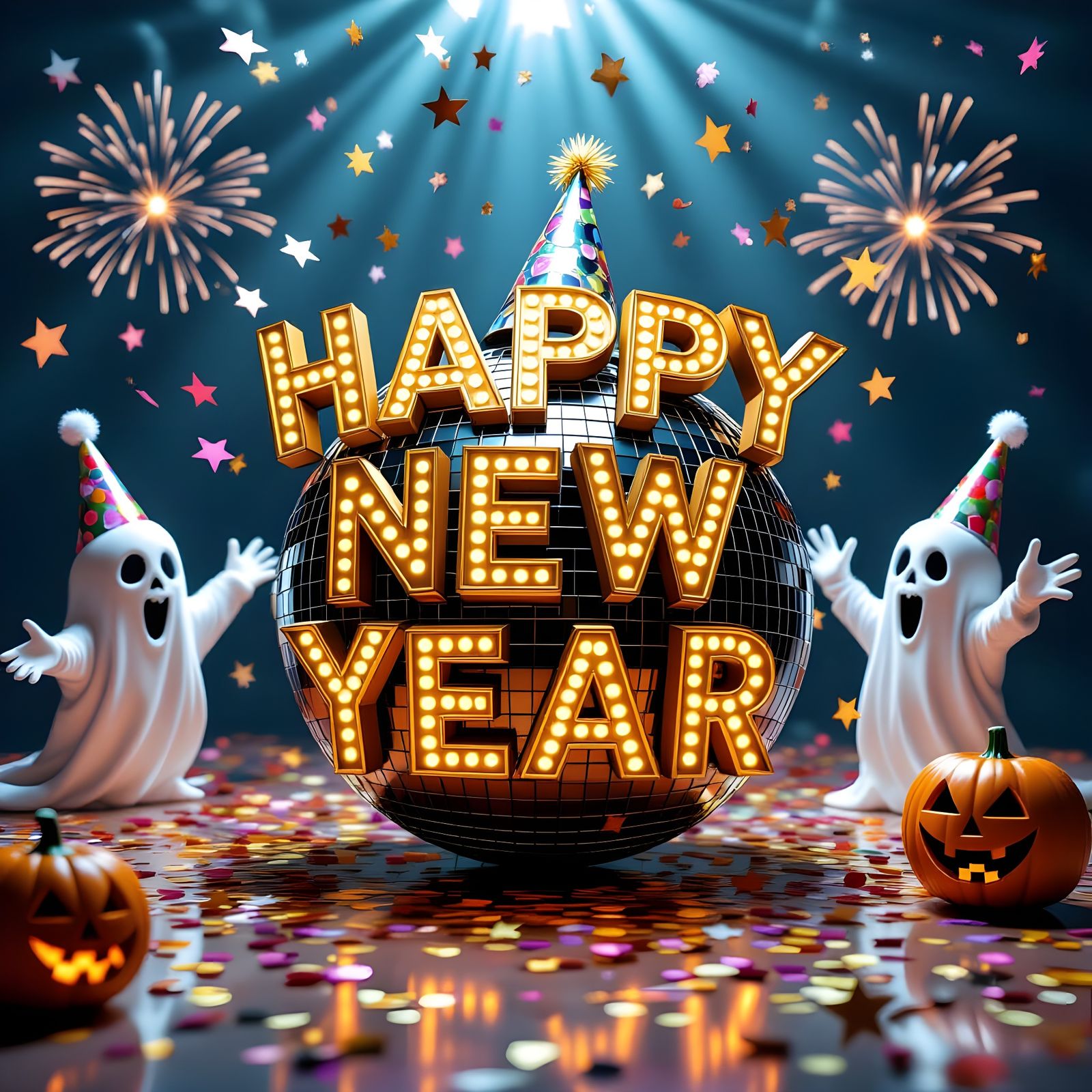 Spooky Halloween New Year's Ball with Ghosts and Glitter