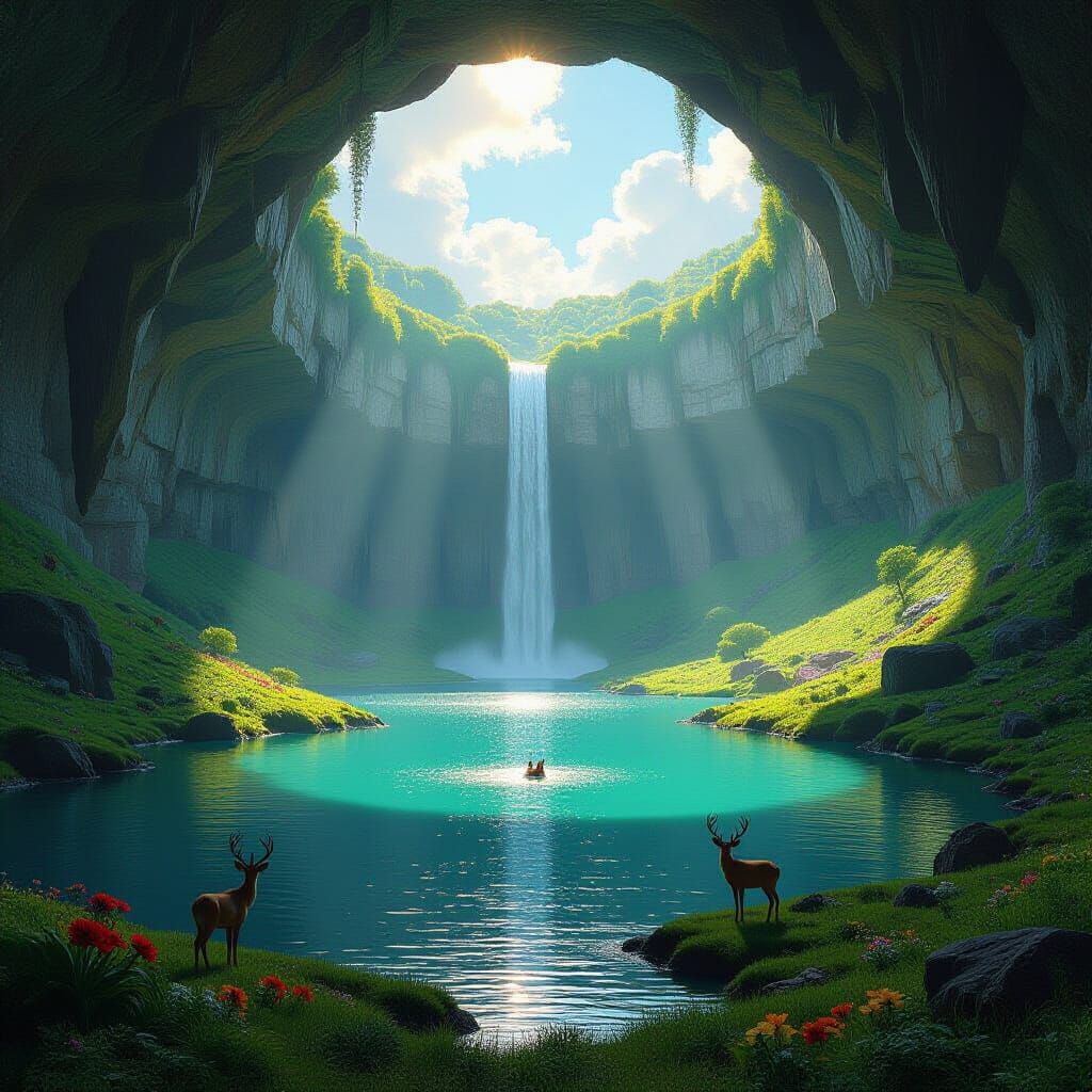 Majestic Cave Opens to Sky with Lush River