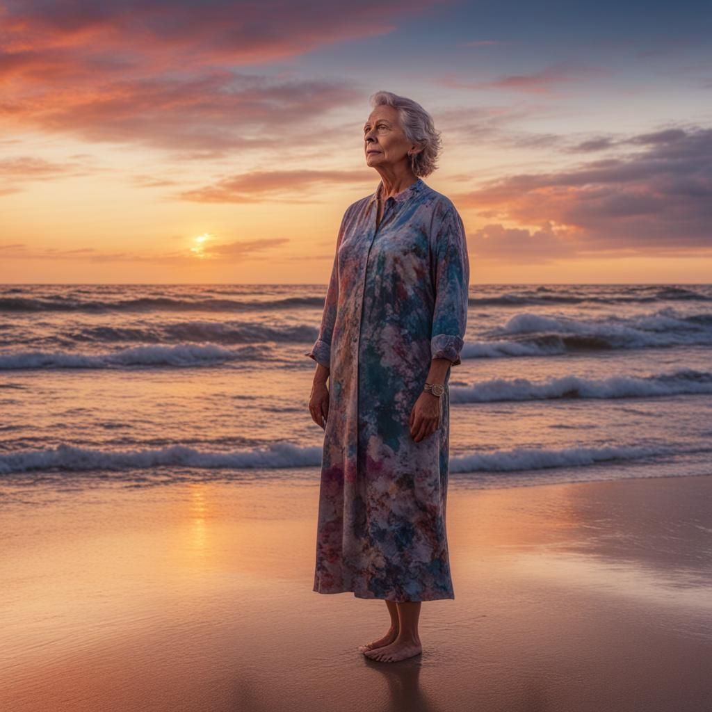 Woman on Beach at Colorful Sunset, 8K