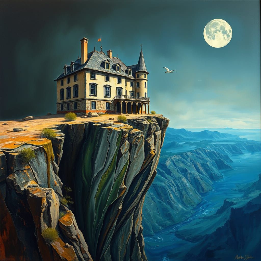 Surreal Mansion Melts on Cliff's Edge in Gouache Style
