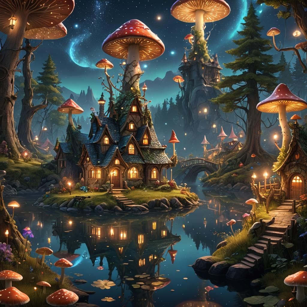 Enchanted Forest Fairy Village at Night