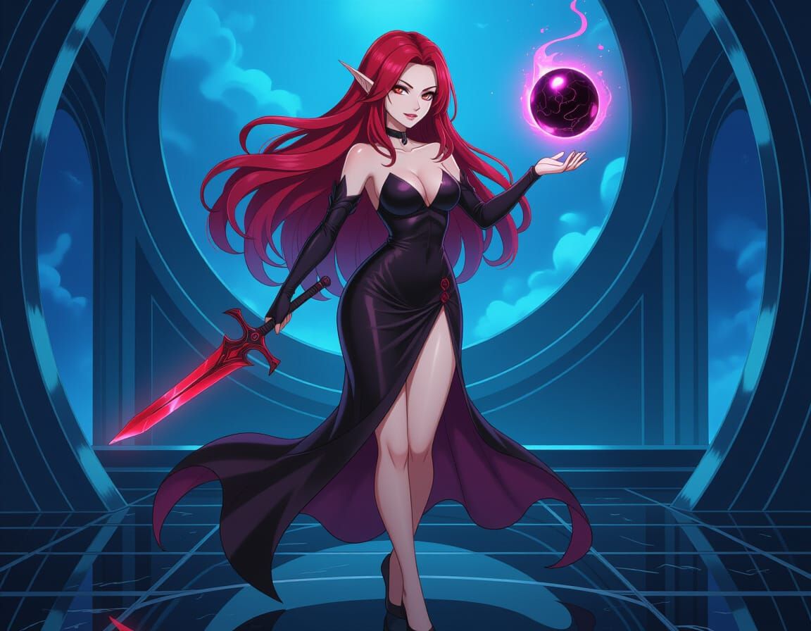 Anime-Style Demon with Crimson Hair and Dagger