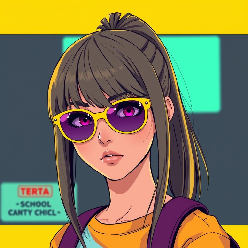 Film Noir High School Girl with Anime Eyes and Sunglasses