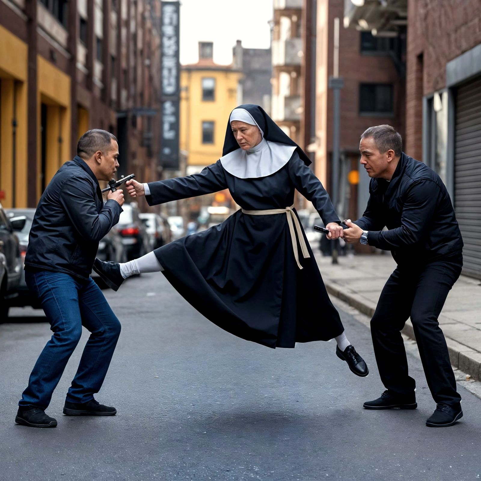 Nun Kung Fu Master Disarms Thugs in Urban Alley