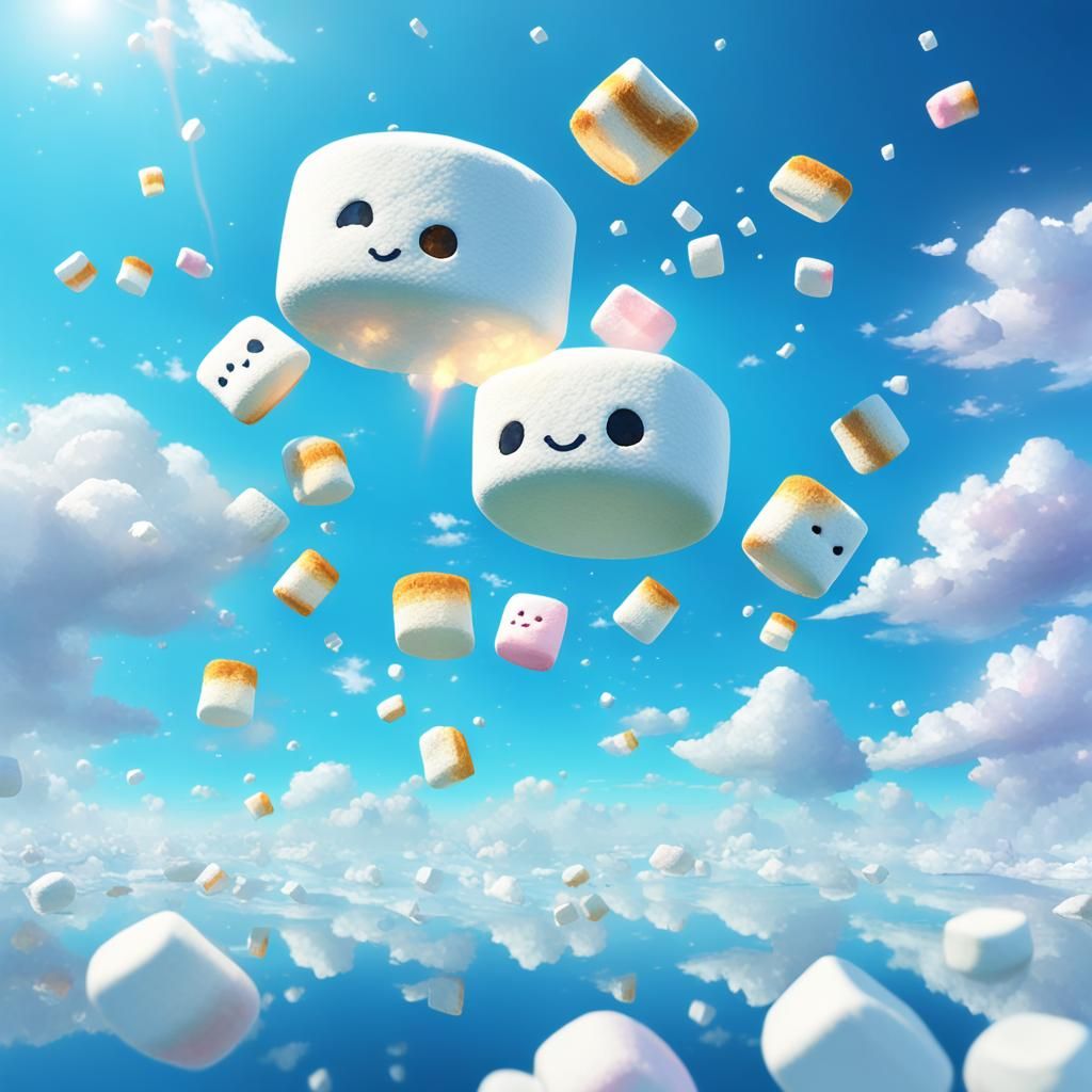Marshmallows Float in Anime Sky: 3D Art
