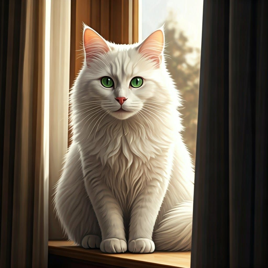 Fluffy White Cat in Window: Digital Art
