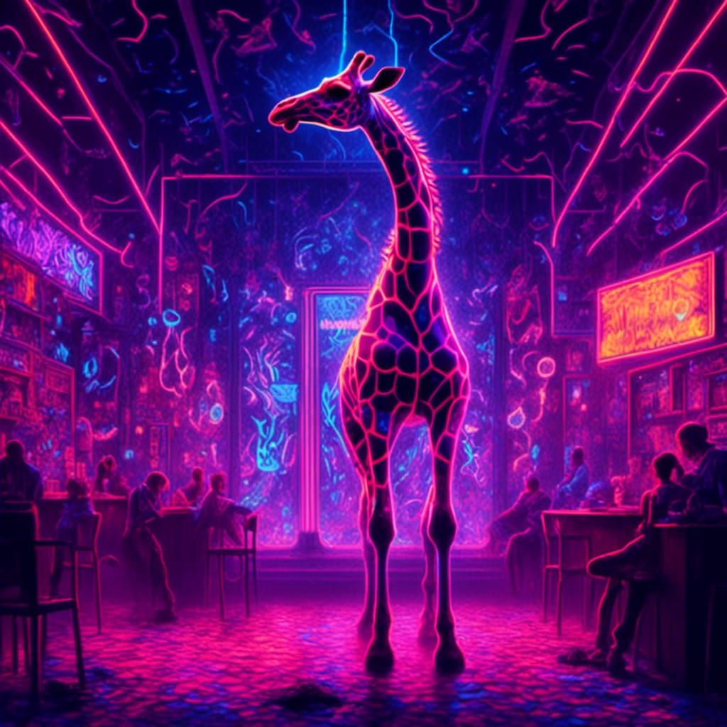 Neon Giraffe Art Installation in Cyberpunk Style