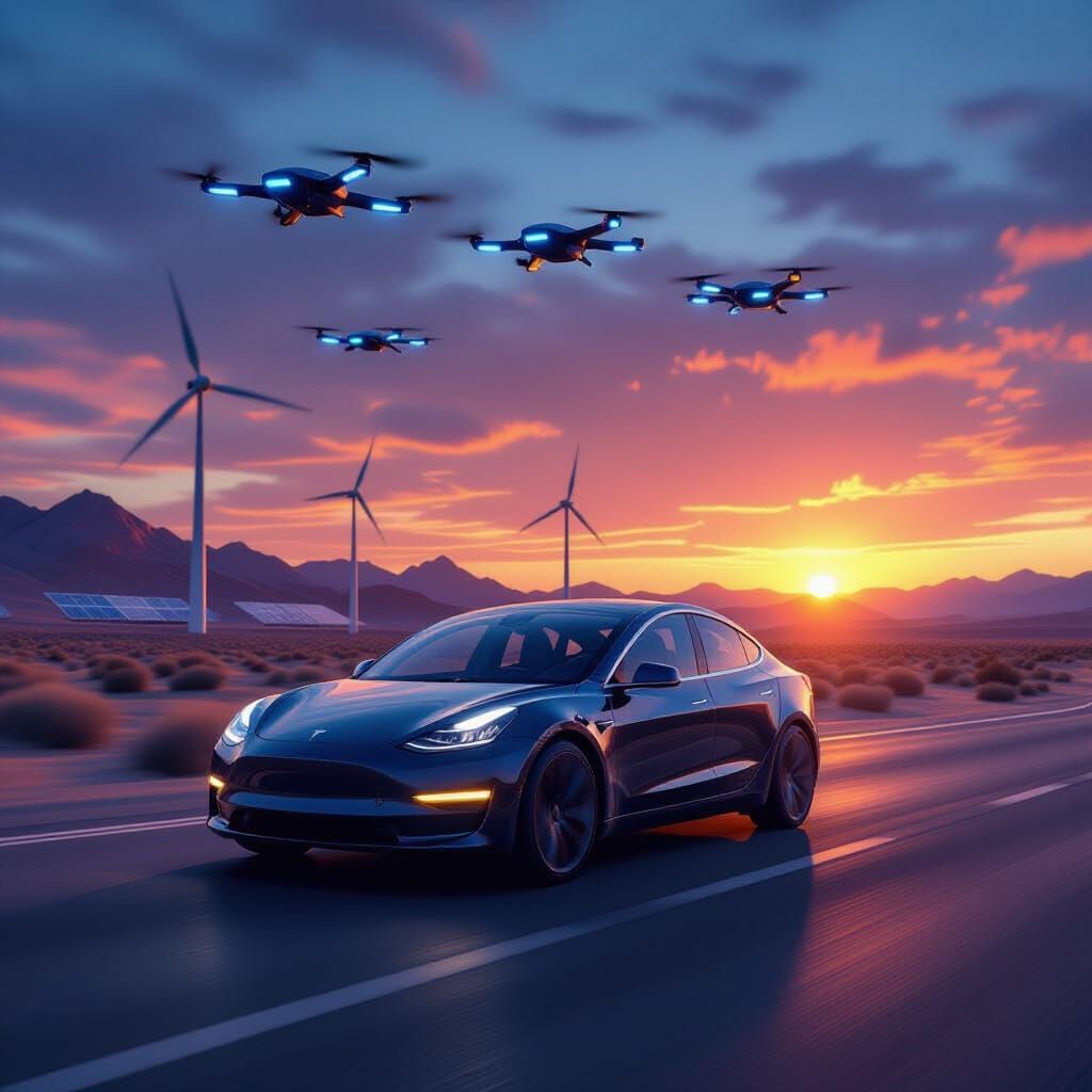 Tesla Model 3 Races Down Desert Highway at Sunset
