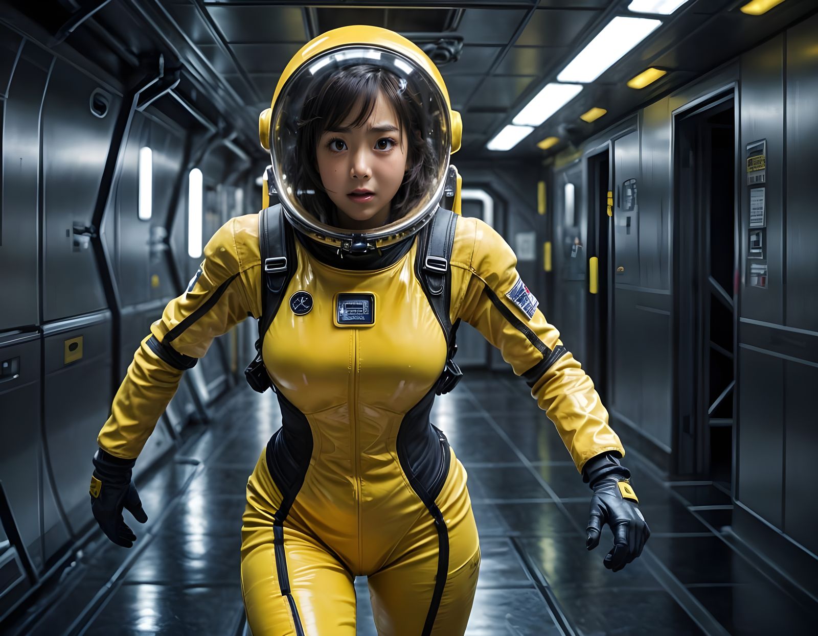 Japanese Space Explorer Runs Through Darkened Spaceship Corr...