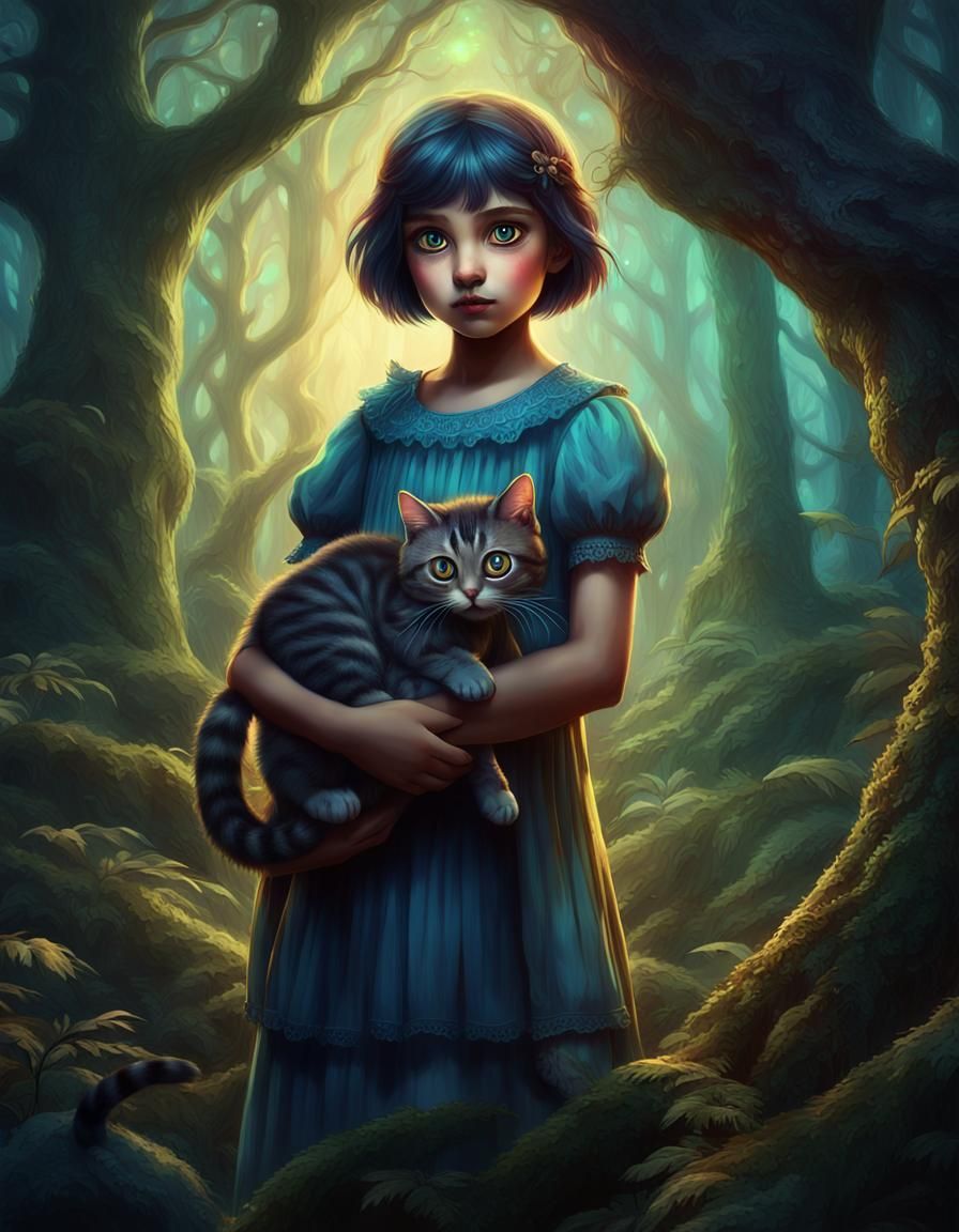 Mystical Forest: Girl and Cat, Digital Painting