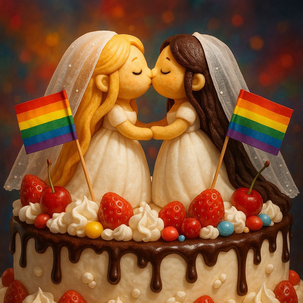 Pastry Wedding Cake Toppers Kissing Amidst Rainbow Delights