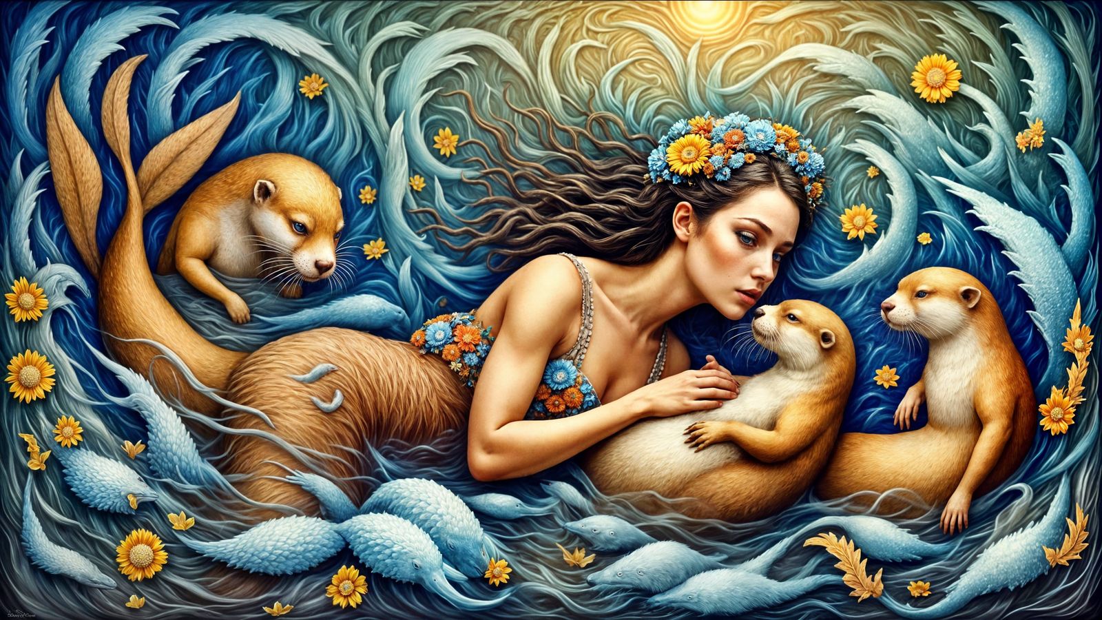 Norwegian Woman with Otters in a Tranquil Scene