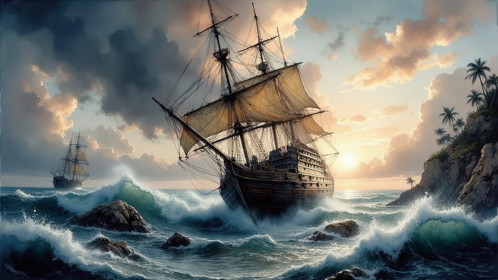 Wrecked Sailing Ship on a Tropical Shore