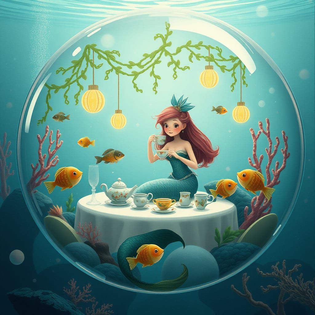Whimsical Underwater Tea Party in Children's Book Style