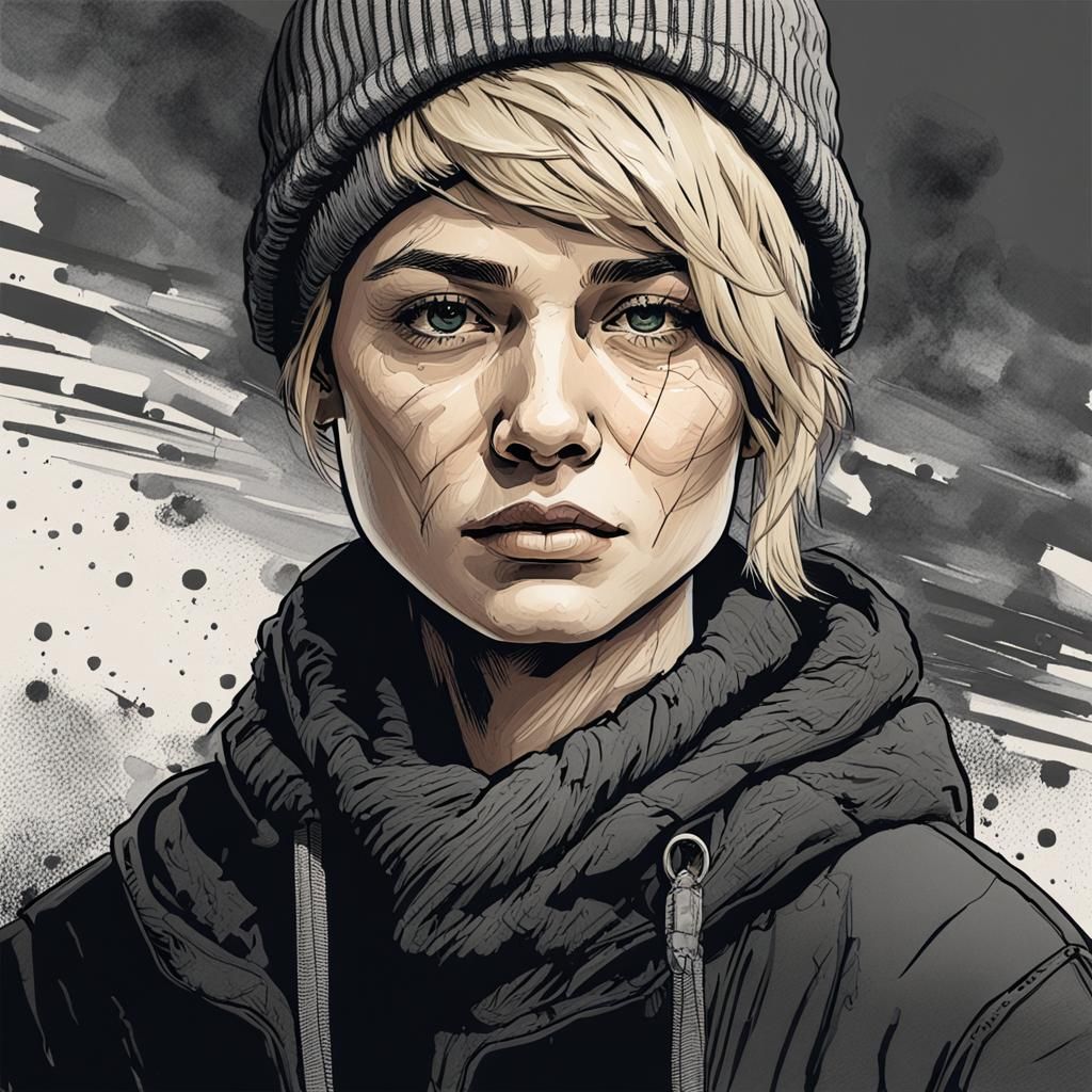 Woman with Scar: Detailed Ink Drawing