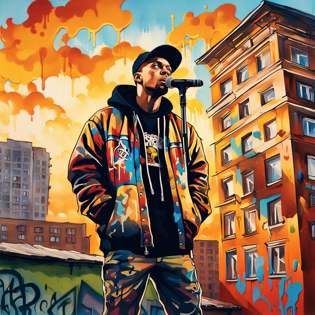 Rapper on Moscow Roof in Graffiti Art Style